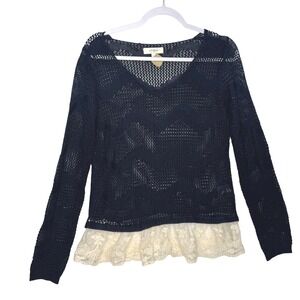 UMGEE USA Navy Blue Crochet Lace Trim Sweater Top L